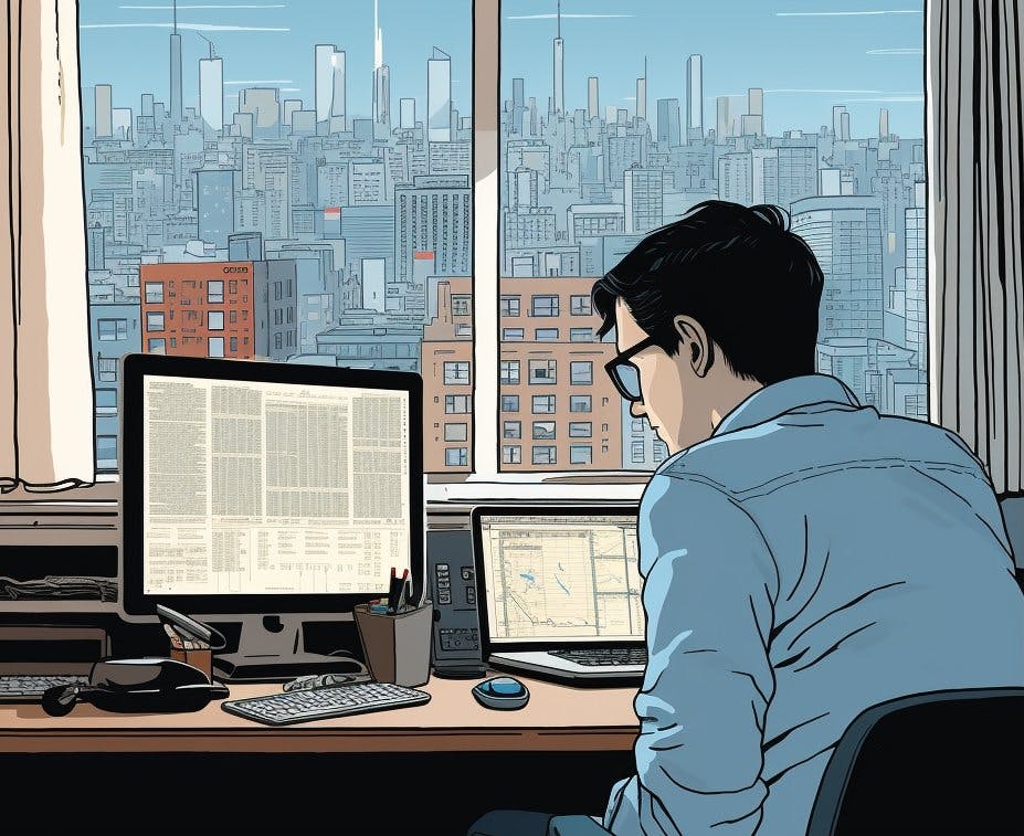 Illustration einer Person, die vor einem großen Fenster am Schreibtisch sitzt