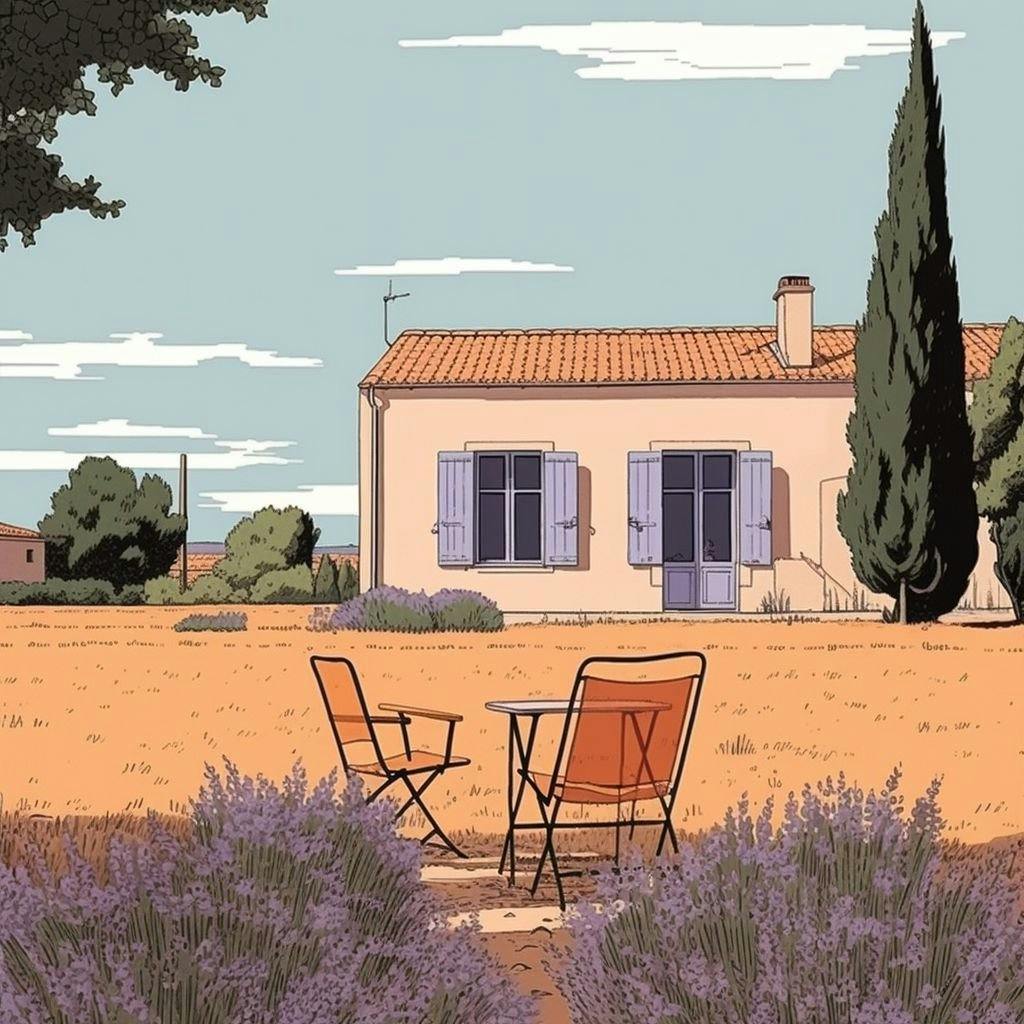 Haus in der Provence, mit zwei Stühlen, Lavendelfelder