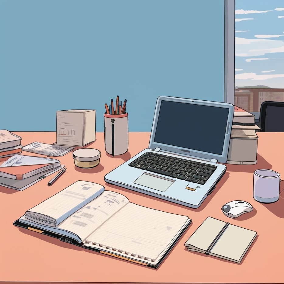 Ein organisierter Schreibtisch mit Laptop, Kalender, Checkliste und Kaffeetasse