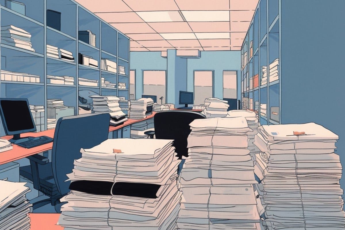 In einem leeren Büroraum stapeln sich Papierberge