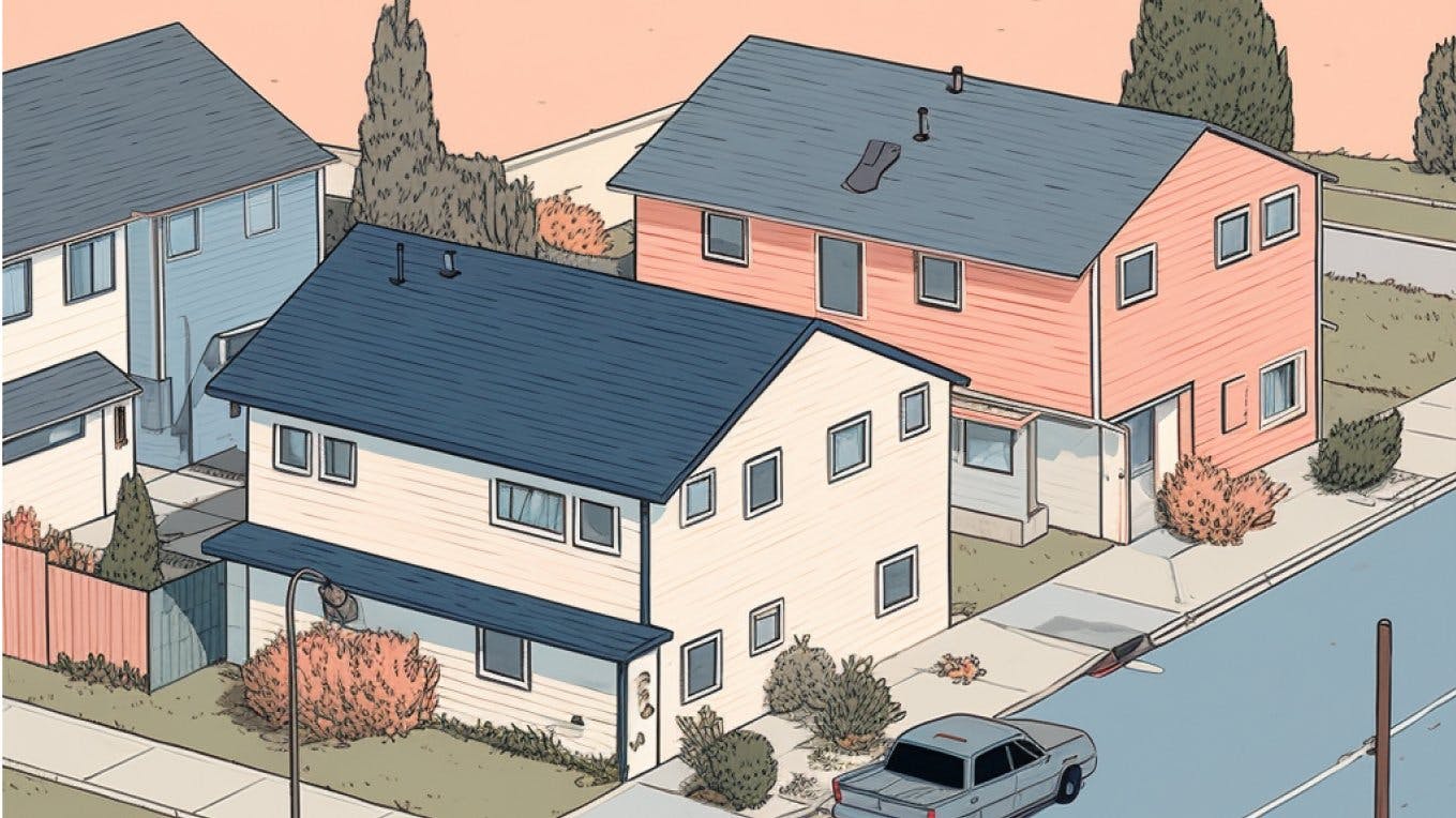 Illustration von zwei Häusern, vor denen ein Auto auf der Straße parkt