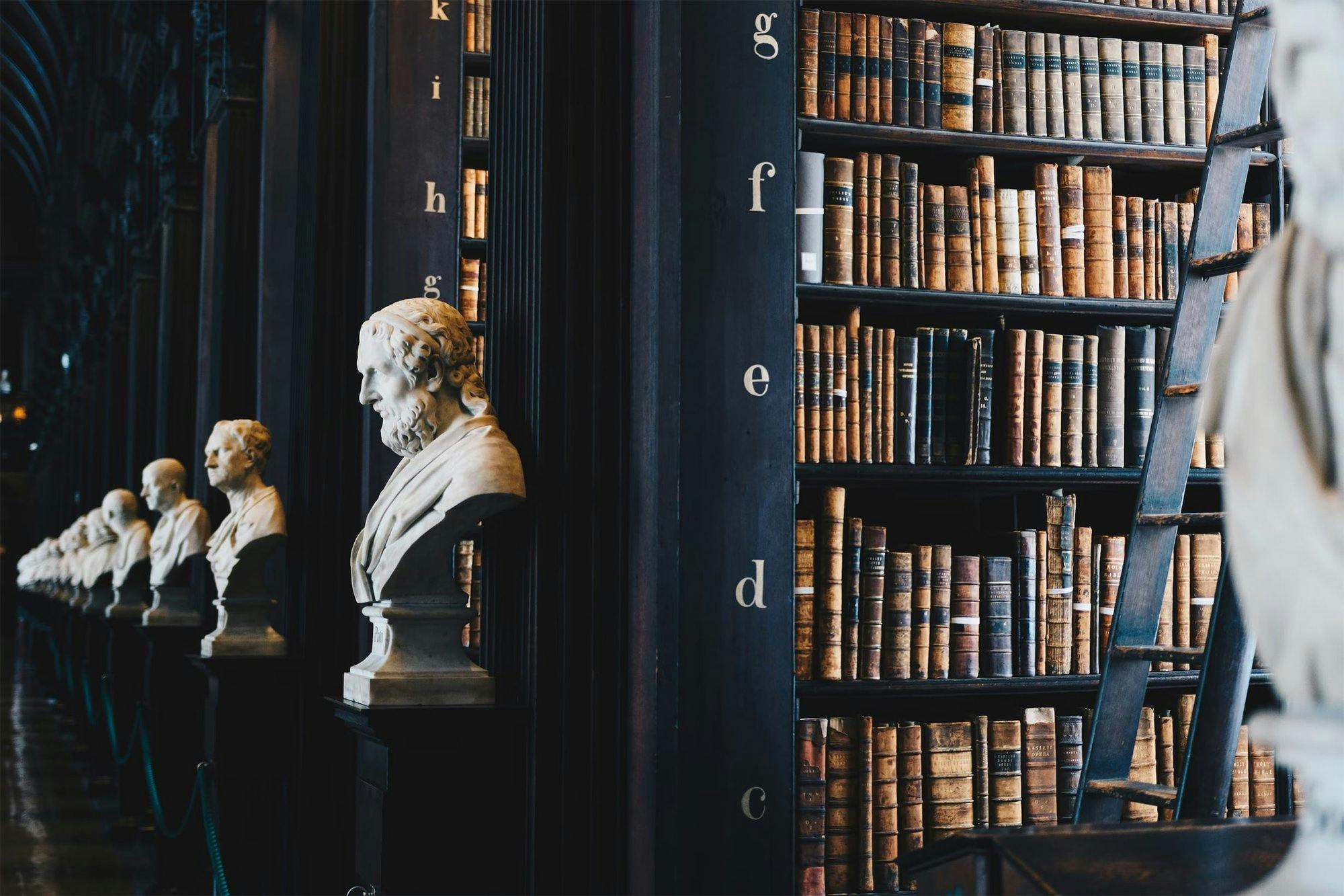 Büherregale und weiße Büsten in einer alten Bibliothek